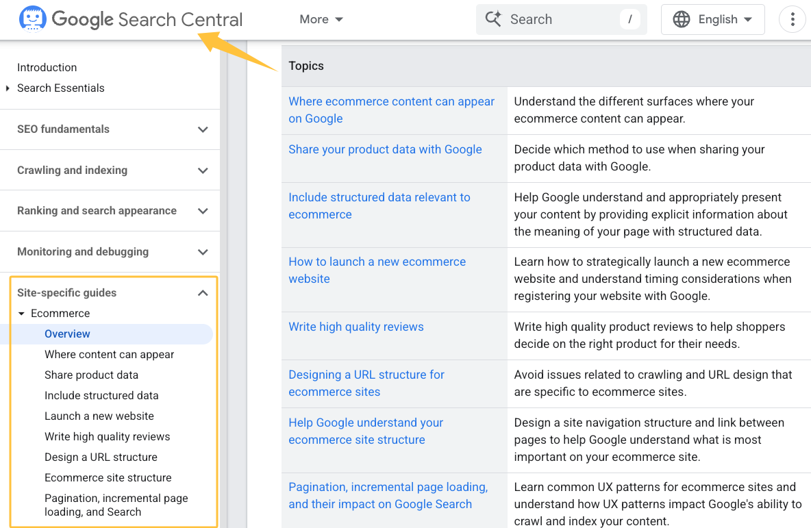 Google Search Central documentation used as a reference for comprehensive ecommerce seo audit services.