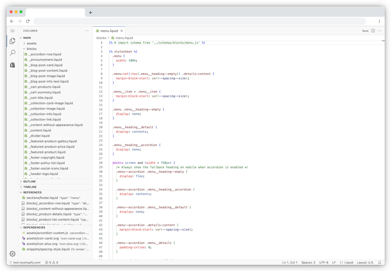 Technical code optimizations in a Shopify theme editor, demonstrating the backend work handled by Shopify SEO experts.