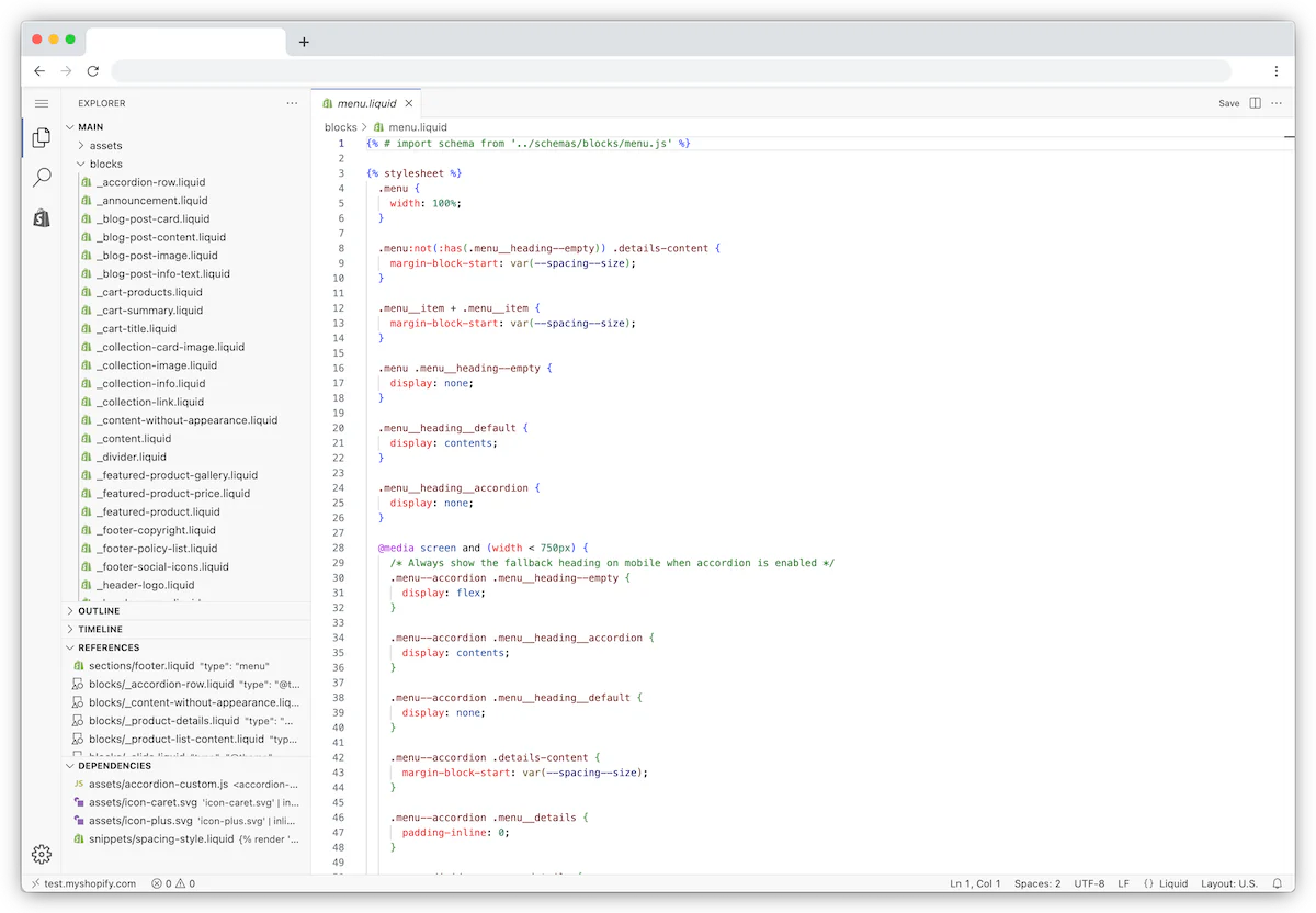 Technical code optimizations in a Shopify theme editor, demonstrating the backend work handled by Shopify SEO experts.