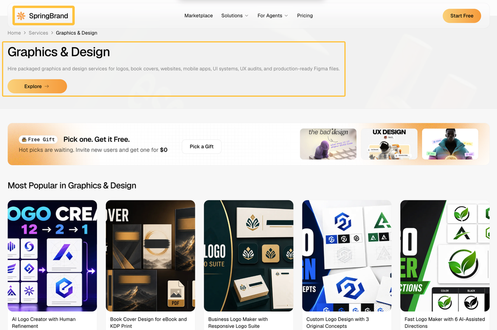 SpringBrand marketplace showing various graphics and design services to elevate your Nano Banana Pro marketing campaigns.