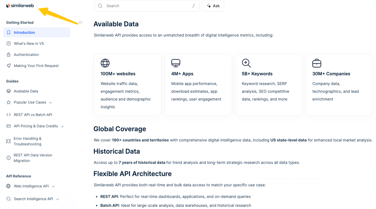 Similarweb API dashboard, one of the leading market intelligence tools for website traffic and audience data.