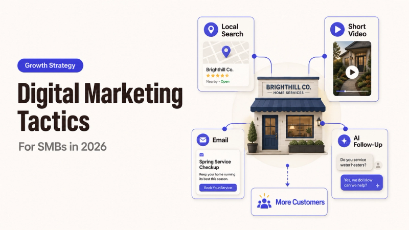 Illustration of top digital marketing tactics smb like local search, video, and AI.