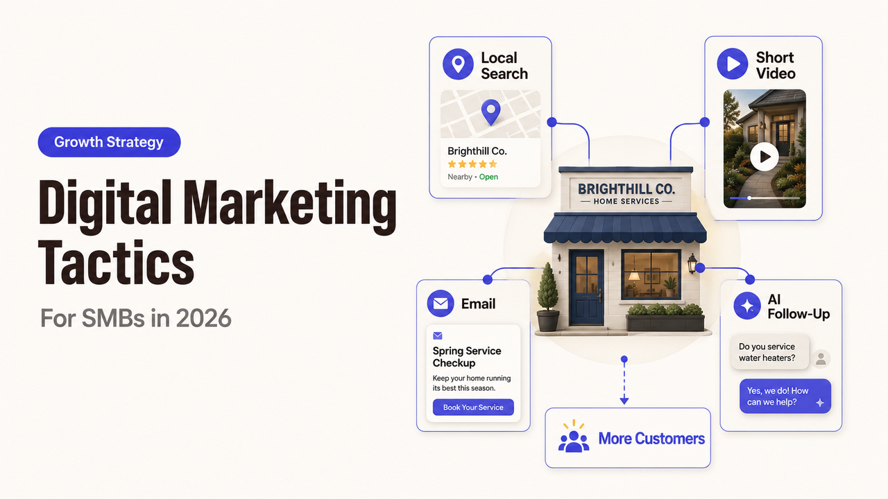 Illustration of top digital marketing tactics smb like local search, video, and AI.