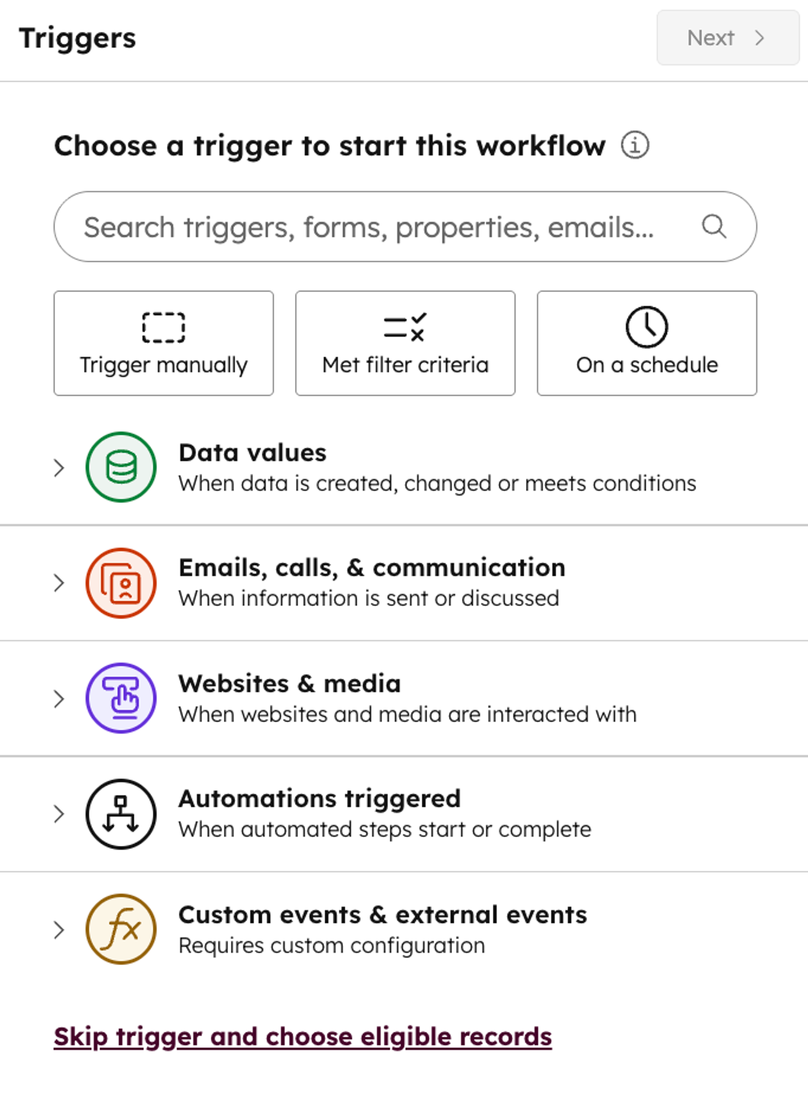 User interface showing how to choose a starting trigger for your marketing automation workflow, like data values or emails.