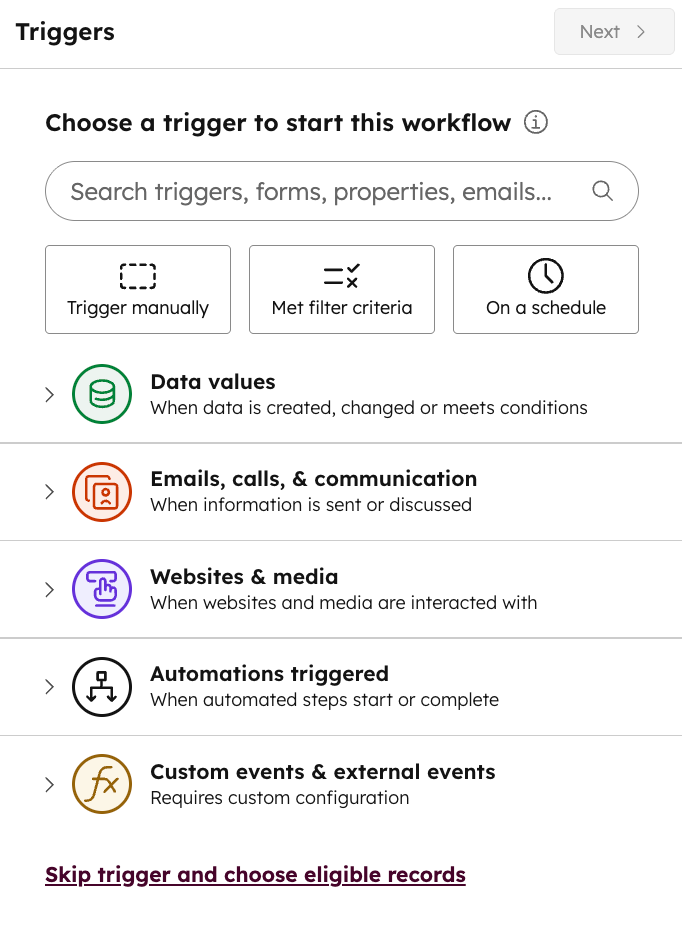 User interface showing how to choose a starting trigger for your marketing automation workflow, like data values or emails.