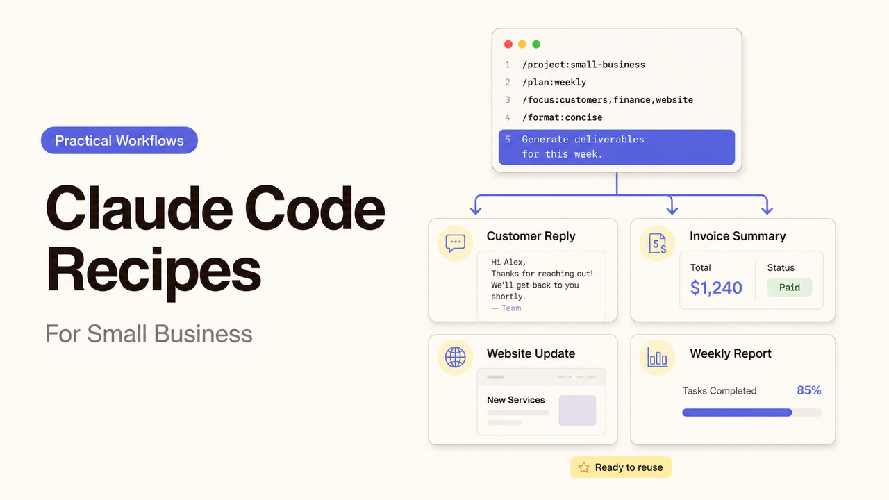 Chart illustrating Claude Code recipes for small business like automated replies, invoices, and website updates.