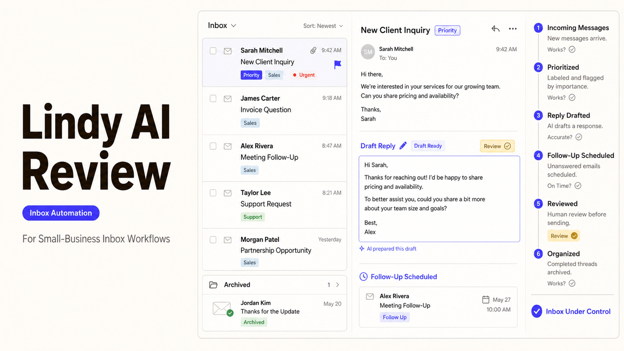 Comprehensive Lindy AI review showing the inbox automation dashboard and workflow stages for small businesses.