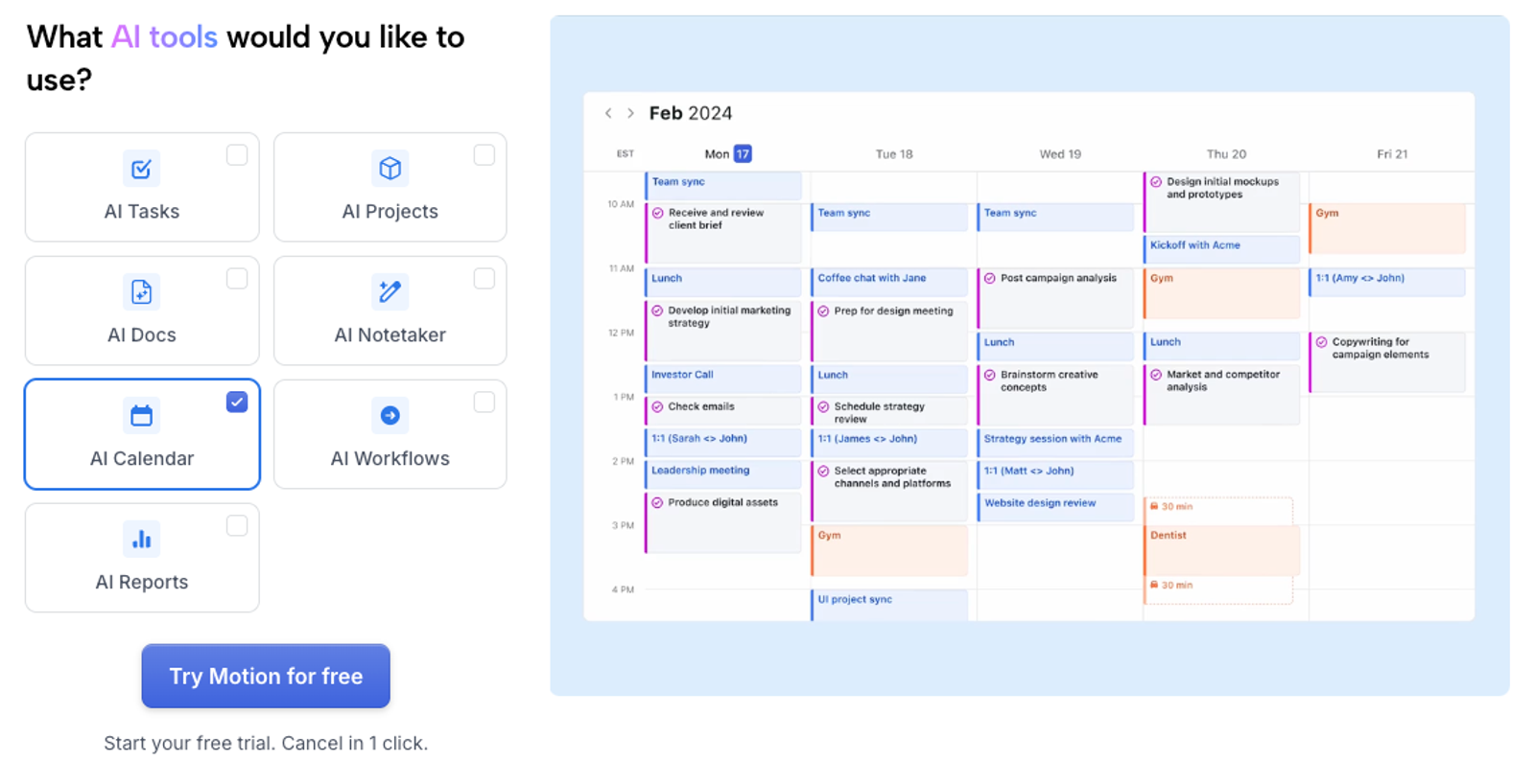 Selecting the AI Calendar tool in Motion AI to automatically organize tasks and events into a structured weekly schedule.