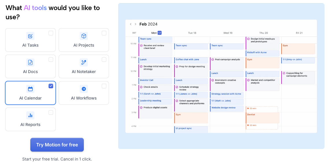 Selecting the AI Calendar tool in Motion AI to automatically organize tasks and events into a structured weekly schedule.