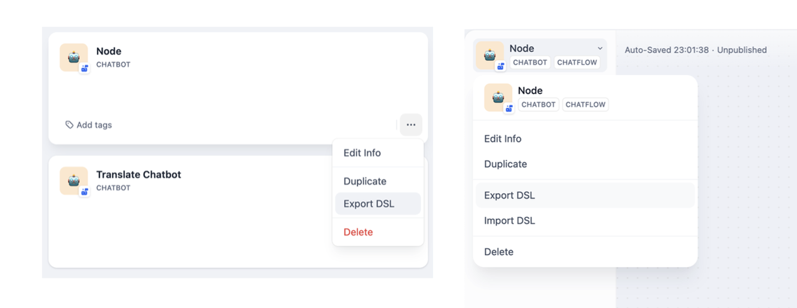 Explore dify alternatives with UI showing how to export and import DSL for chatbot nodes in a visual editor.
