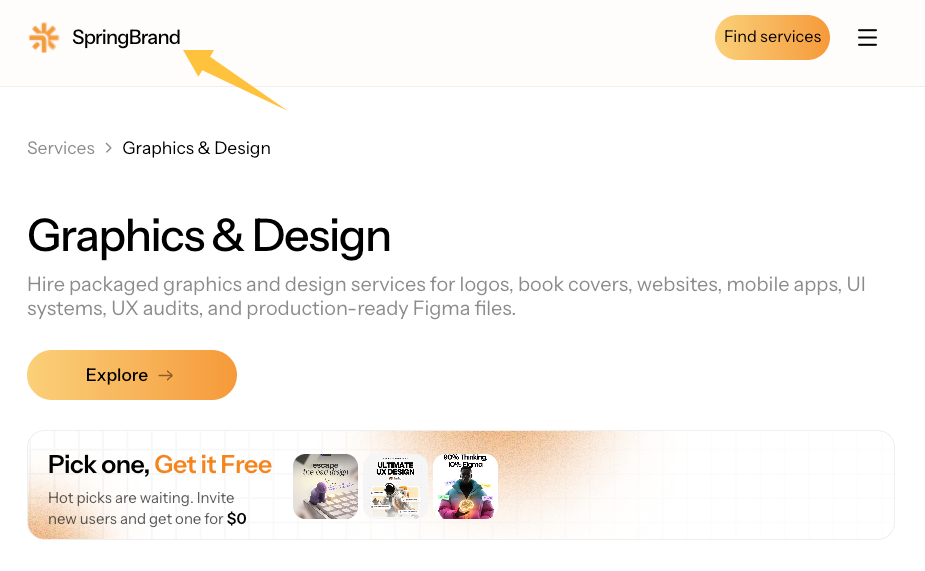 Platform offering packaged graphics and expert brand identity design services for businesses.