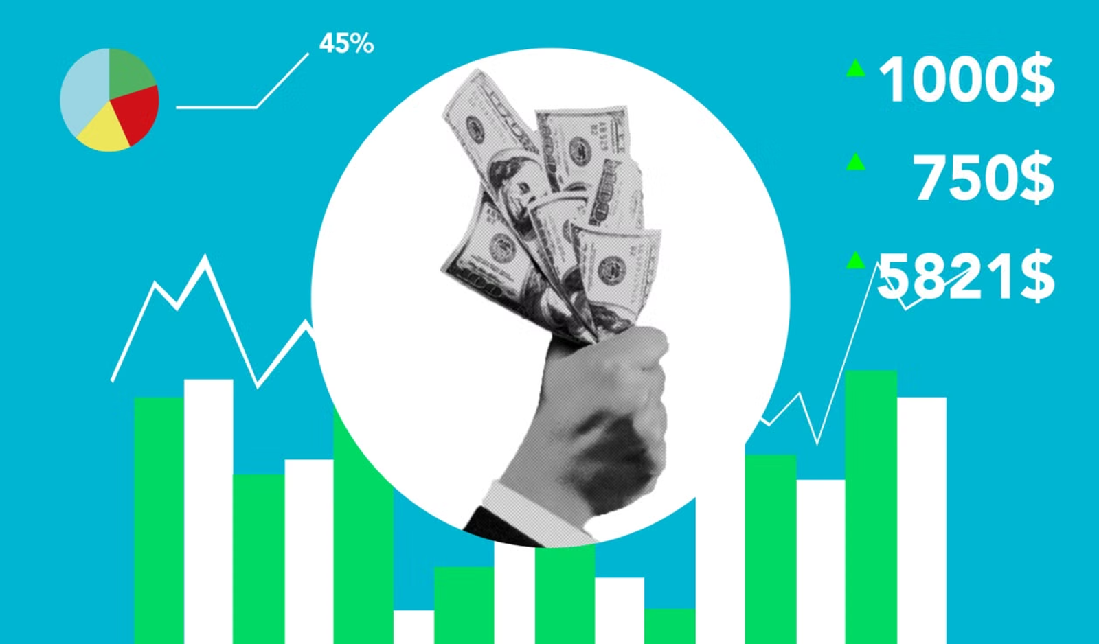 Hand clutching dollar bills over green bar charts and a rising line, illustrating strong automation ROI.