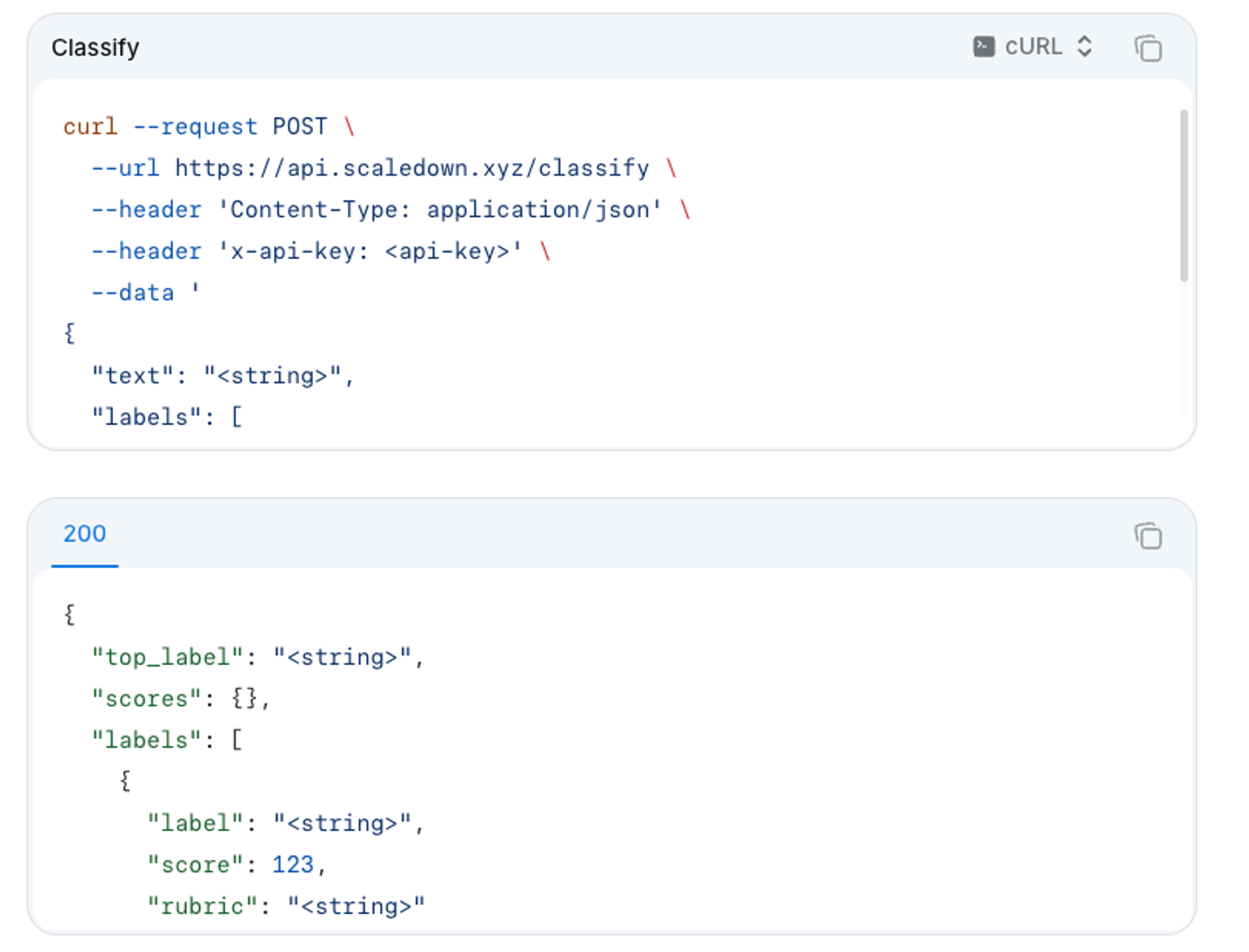 Review cURL and JSON request samples for scaledown lead classification API endpoint integration.