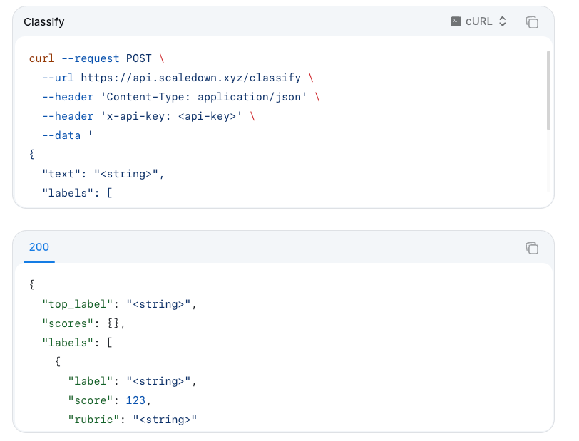 Review cURL and JSON request samples for scaledown lead classification API endpoint integration.
