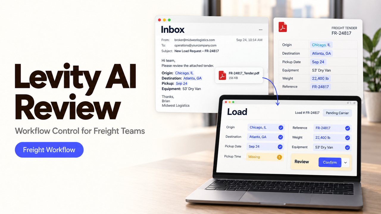 Levity AI review dashboard displaying freight workflow and load management automation on a laptop screen.