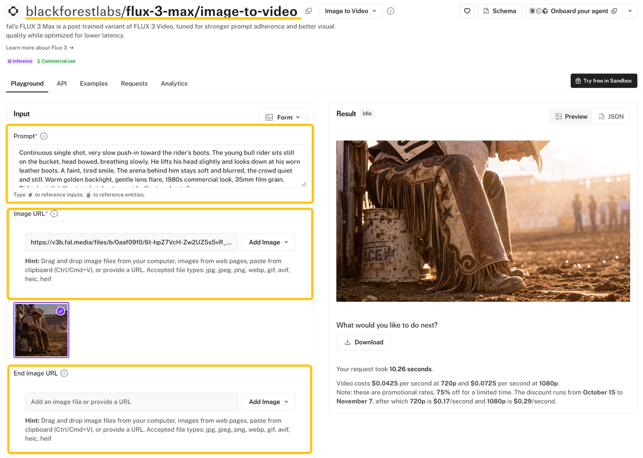 Using an image-to-video AI tool to generate flux 3 max ad creative variants of a cowboy.