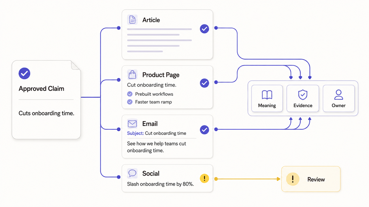 Tracking approved claims across articles, emails, and social media to maintain meaning and AI content trust.