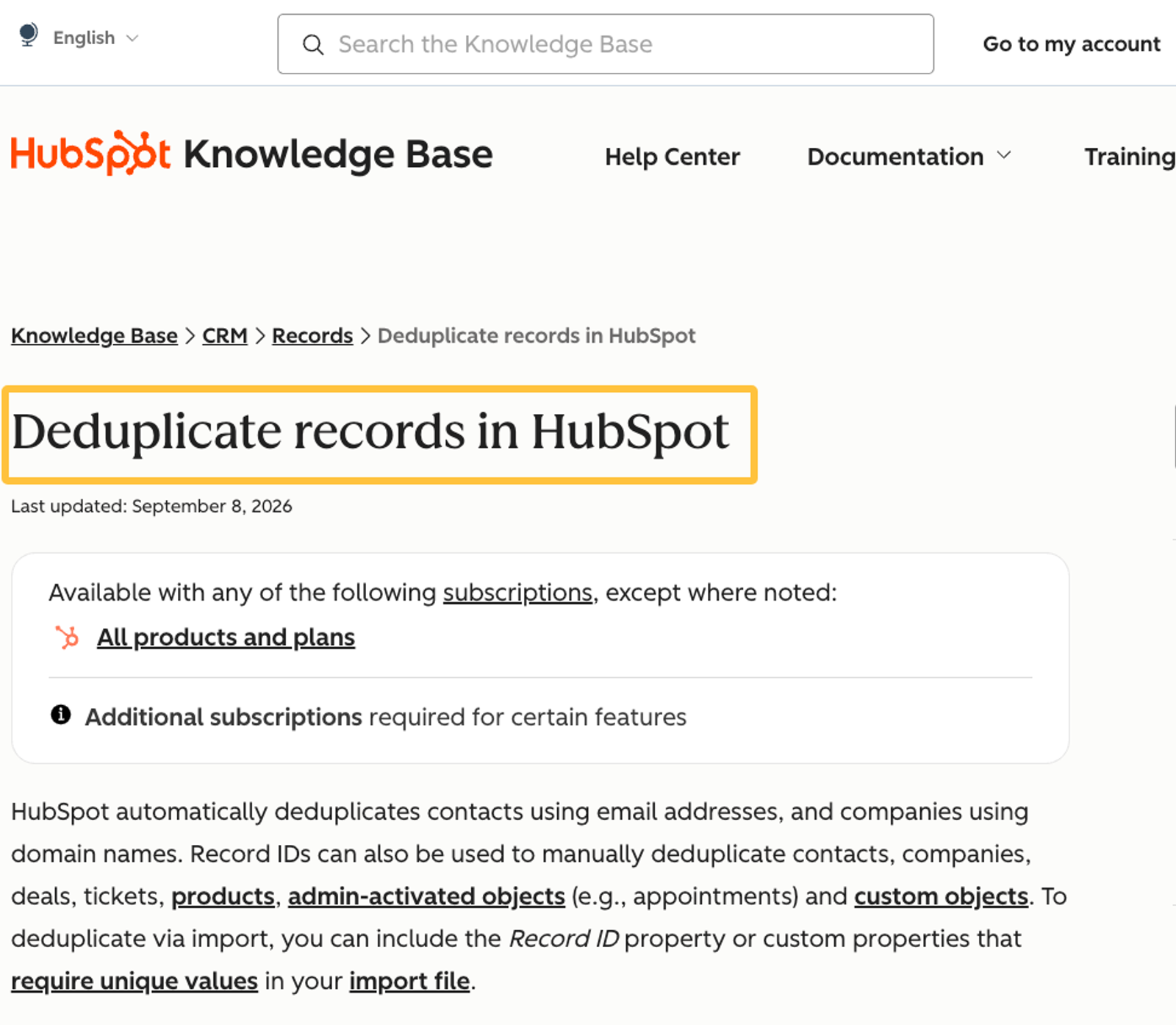 HubSpot knowledge base guide on how to deduplicate records, ensuring clean database management for sales automation.