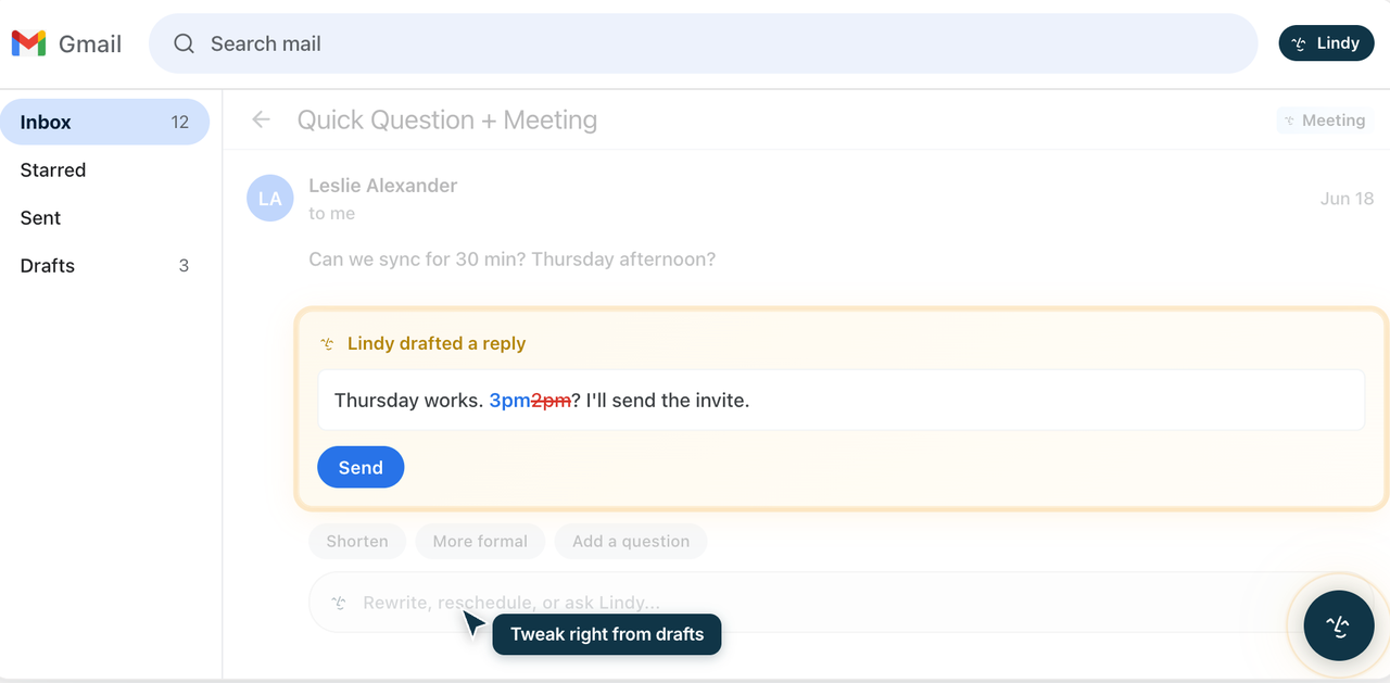This visual for our Lindy AI review shows the seamless Gmail integration and the ability to tweak drafted replies.