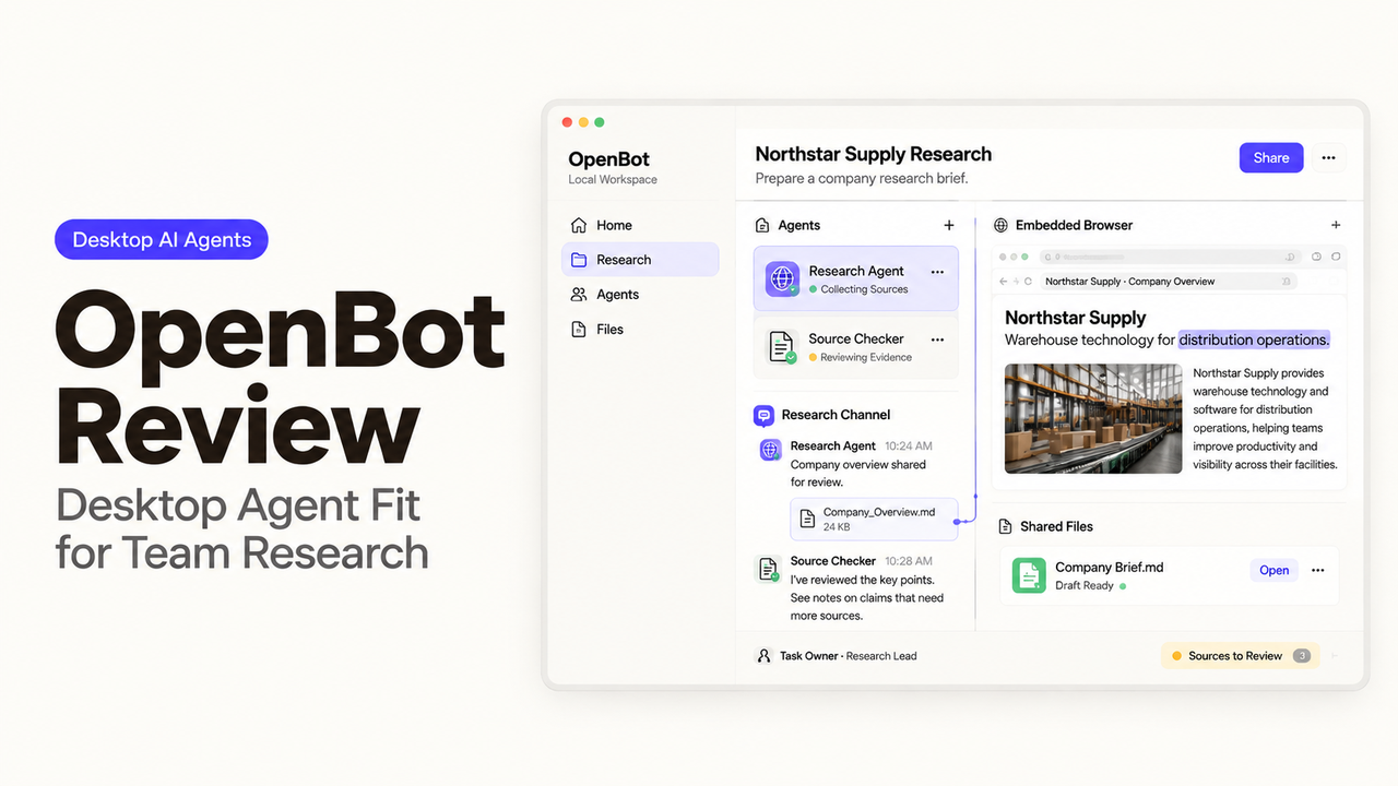 OpenBot review showcasing the desktop AI agent interface configured for team research and shared workflow briefs.