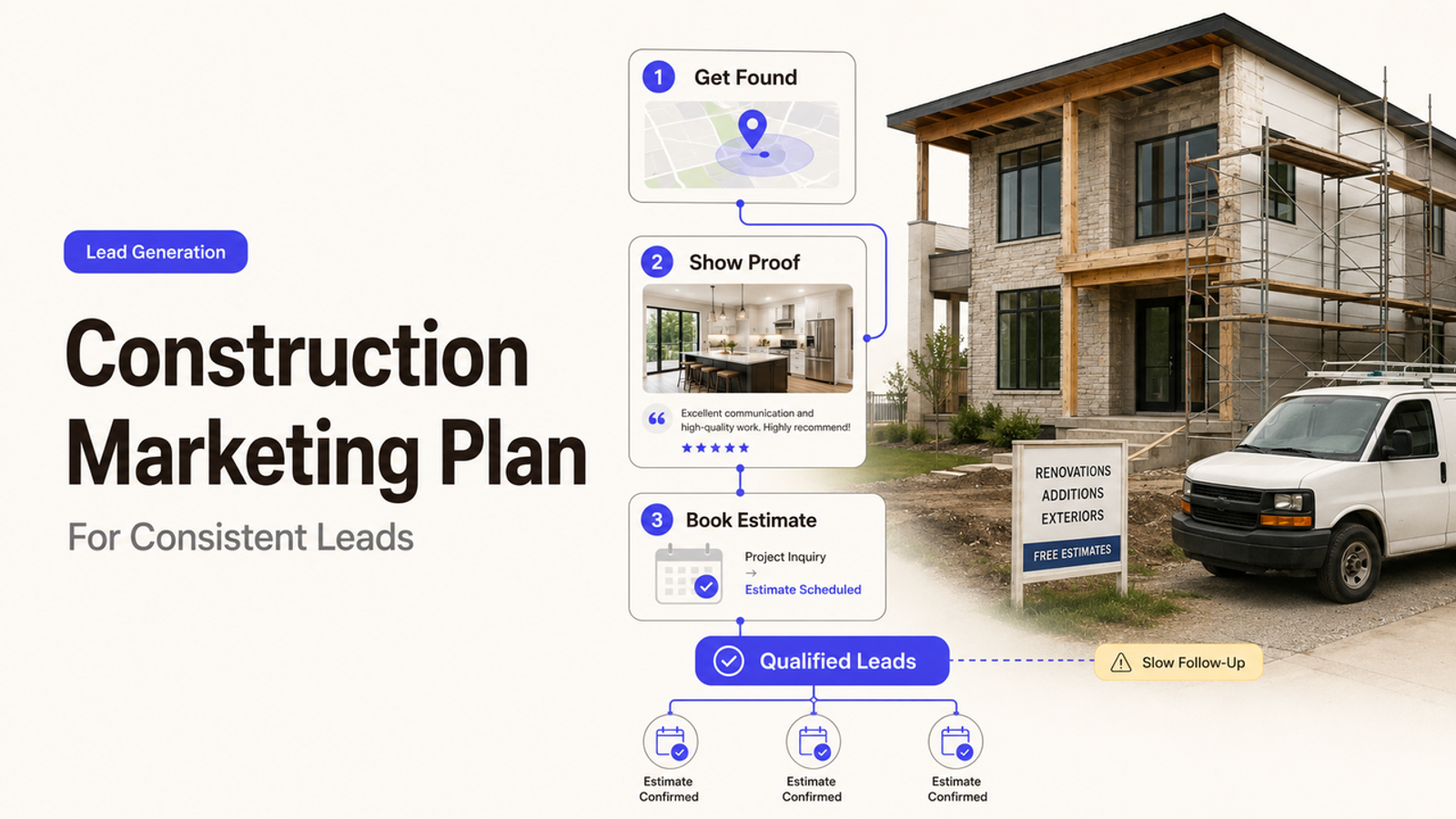 A 3-step construction marketing plan to get found, show proof, and book estimates for consistent, qualified leads.