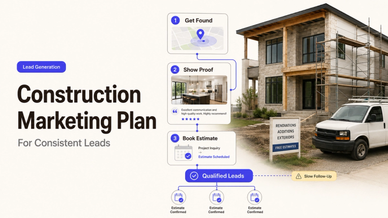 A 3-step construction marketing plan to get found, show proof, and book estimates for consistent, qualified leads.