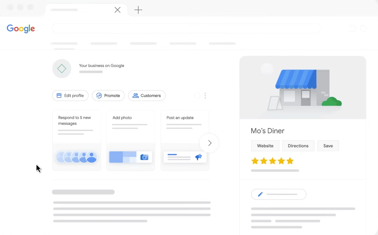 A dashboard showing Mo's Diner Google Business Profile with edit tools and review response sections, illustrating professional google business profile optimization services.