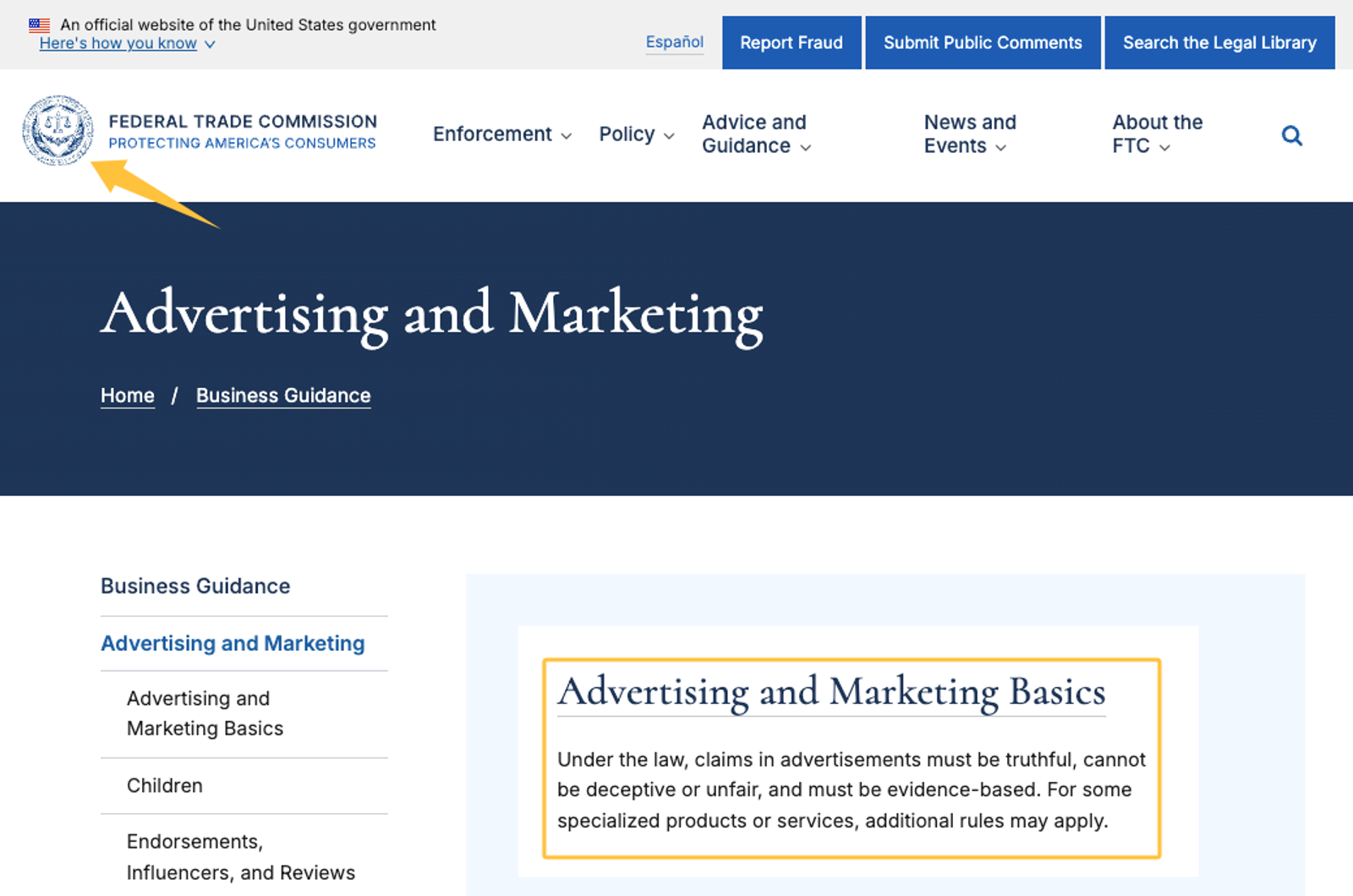 Screenshot of FTC Advertising Basics page, outlining legal compliance rules for marketing, relevant for an Instagram transcript for business.