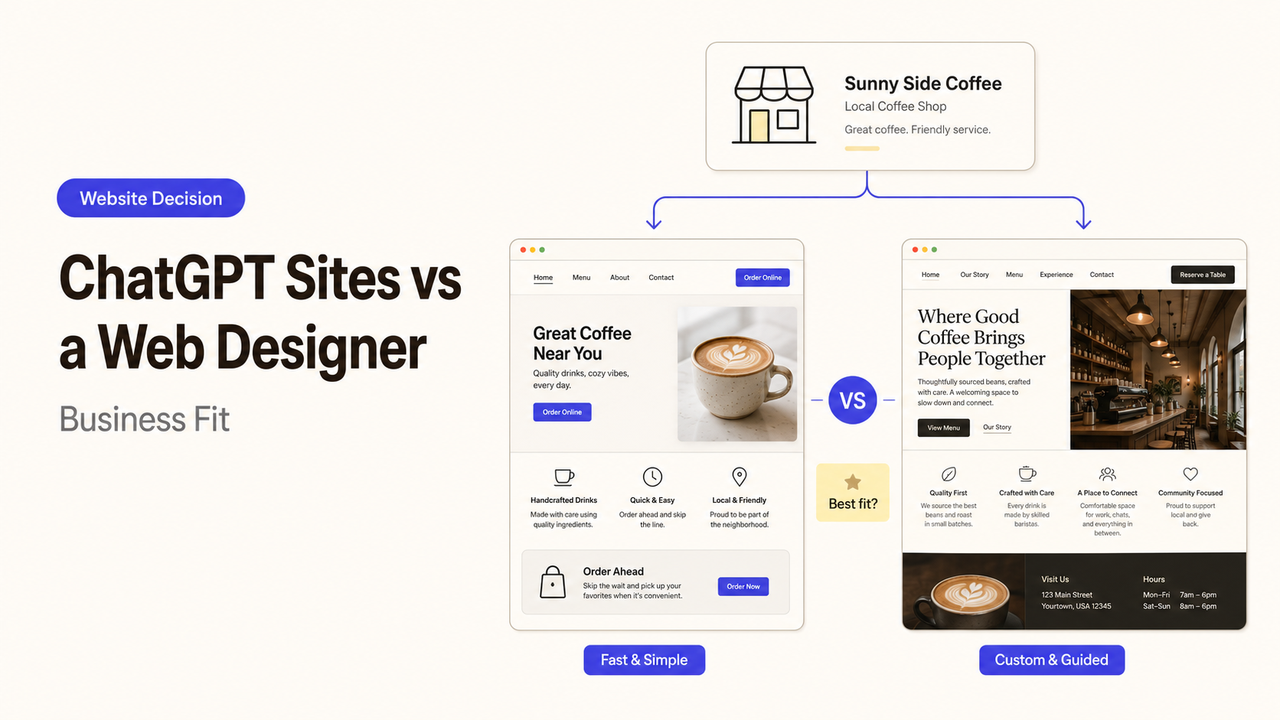 A visual comparison showing the business fit of ChatGPT Sites vs web designer using a coffee shop website example.