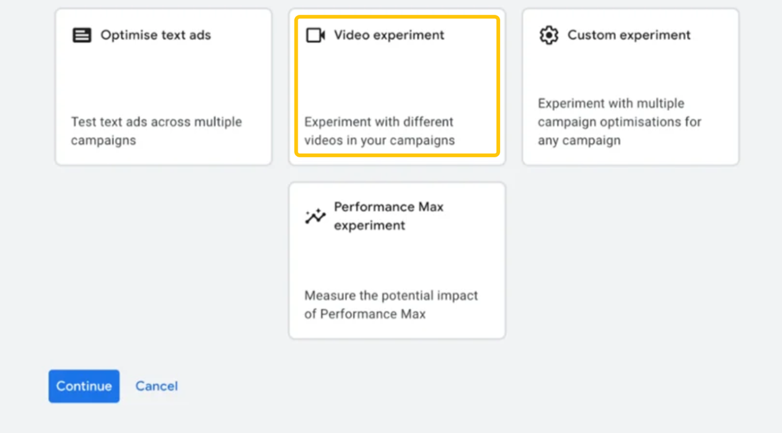 Selecting the video experiment option in Google Ads to test flux 3 max ad creative variants.