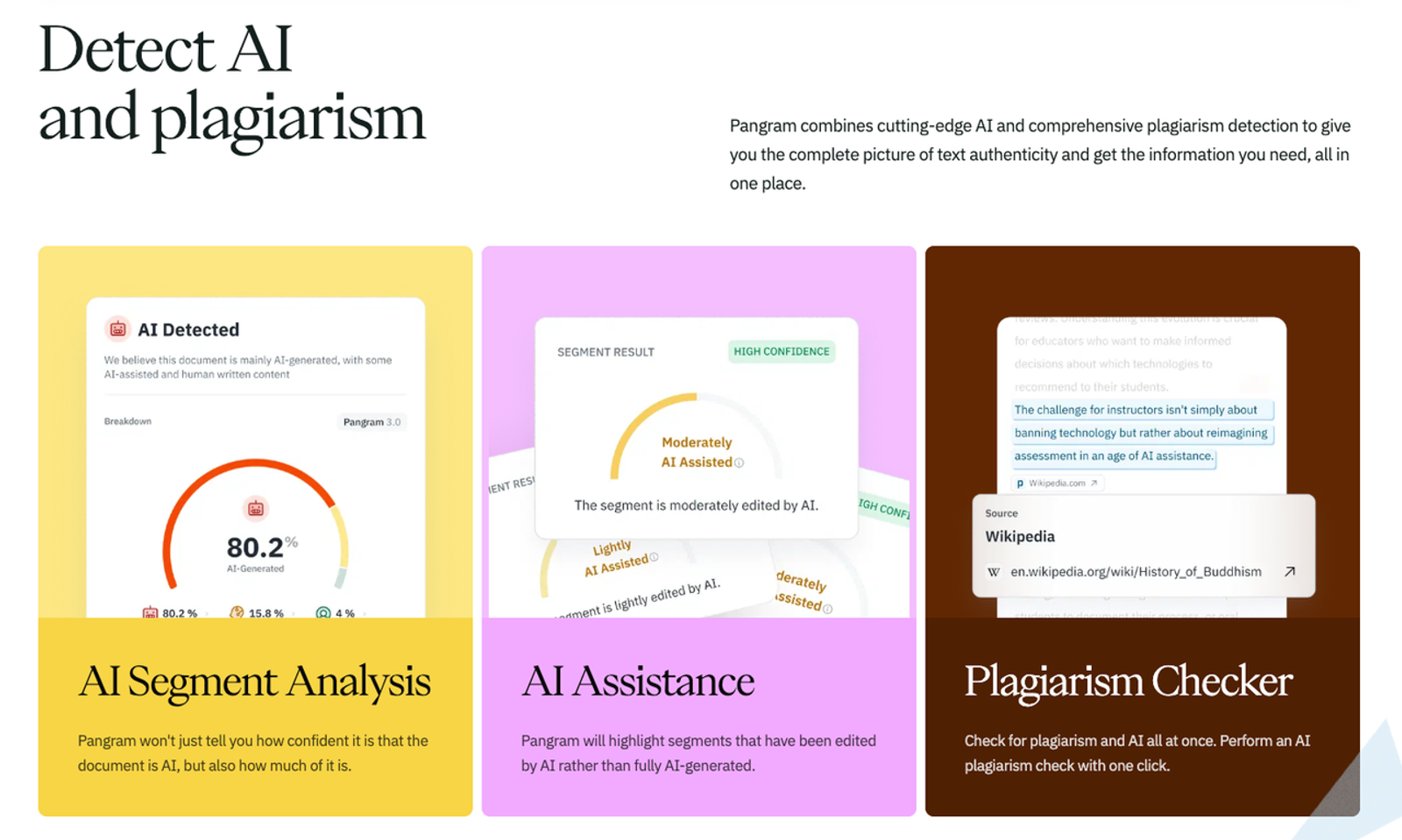 Pangram AI Detector interface showing AI segment analysis, AI assistance, and plagiarism checker.