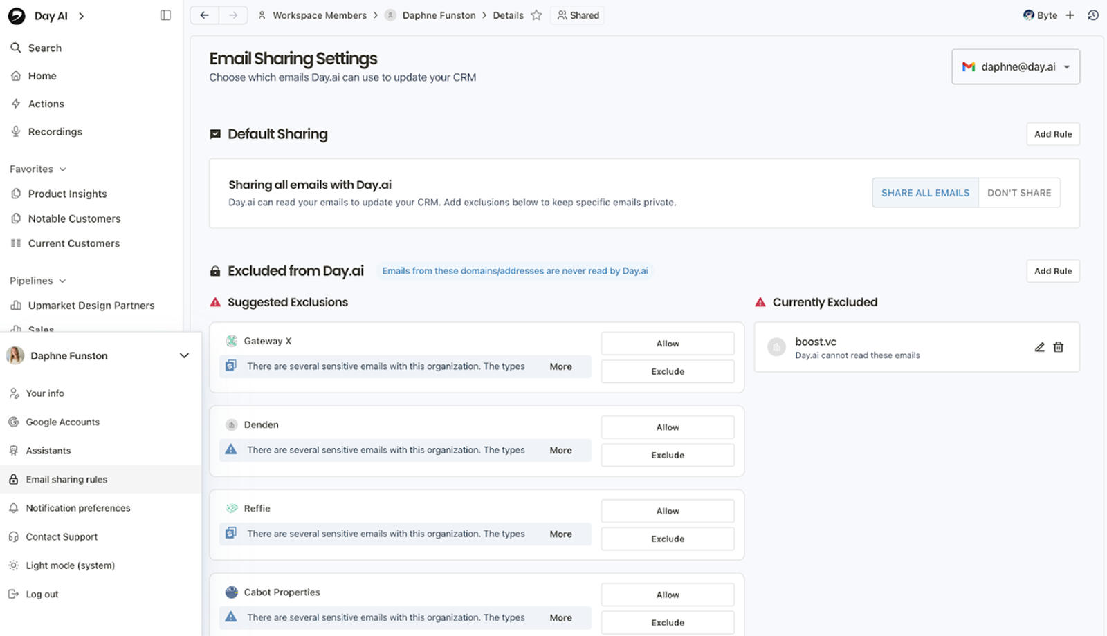 Privacy configuration screen for Day AI email sharing settings and account rules.