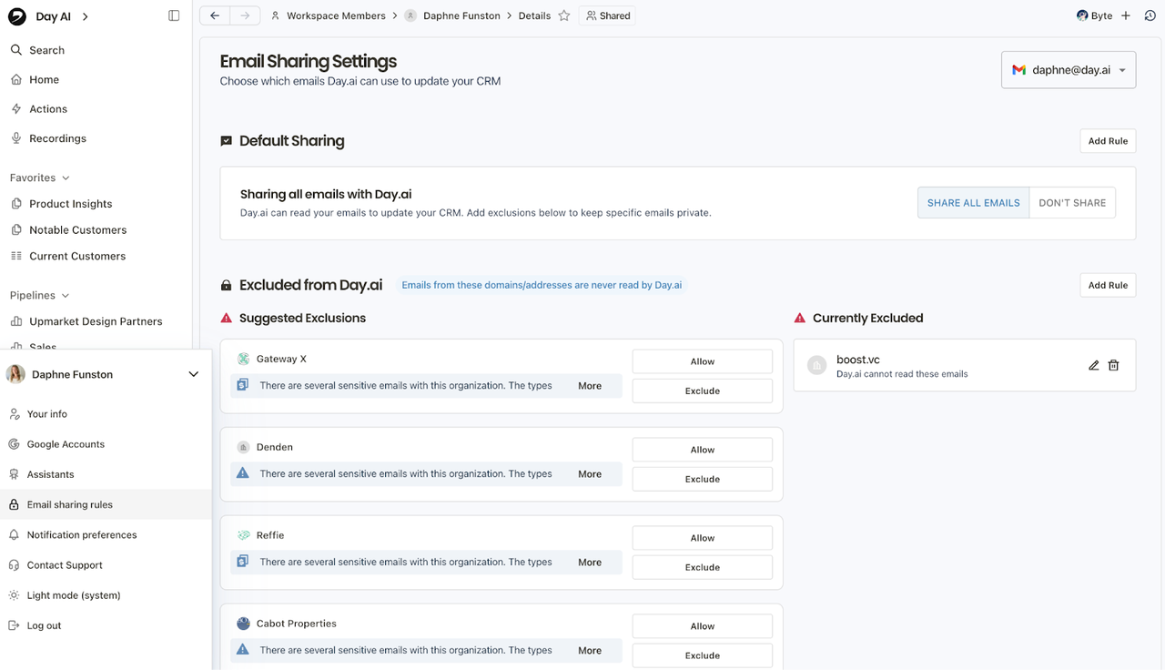 Privacy configuration screen for Day AI email sharing settings and account rules.
