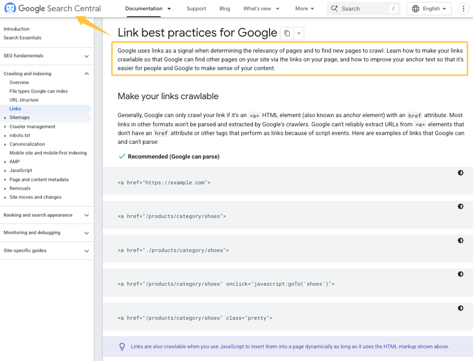 Official Google documentation showing how to make links crawlable with proper HTML, reinforcing internal optimization without external building.