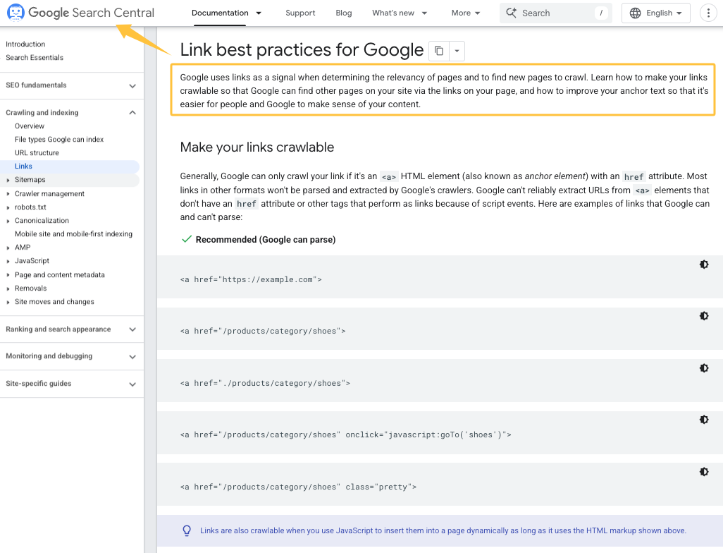 Official Google documentation showing how to make links crawlable with proper HTML, reinforcing internal optimization without external building.