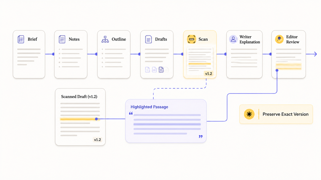 Editorial workflow diagram showing document scanning for AI detector accuracy, followed by writer and editor review steps.
