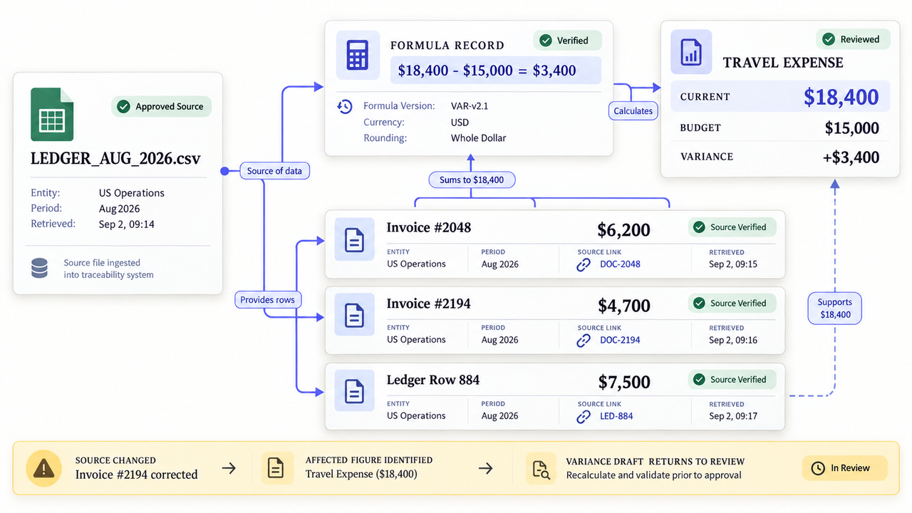 How AI agents in finance trace variance calculations back to verified ledger sources.