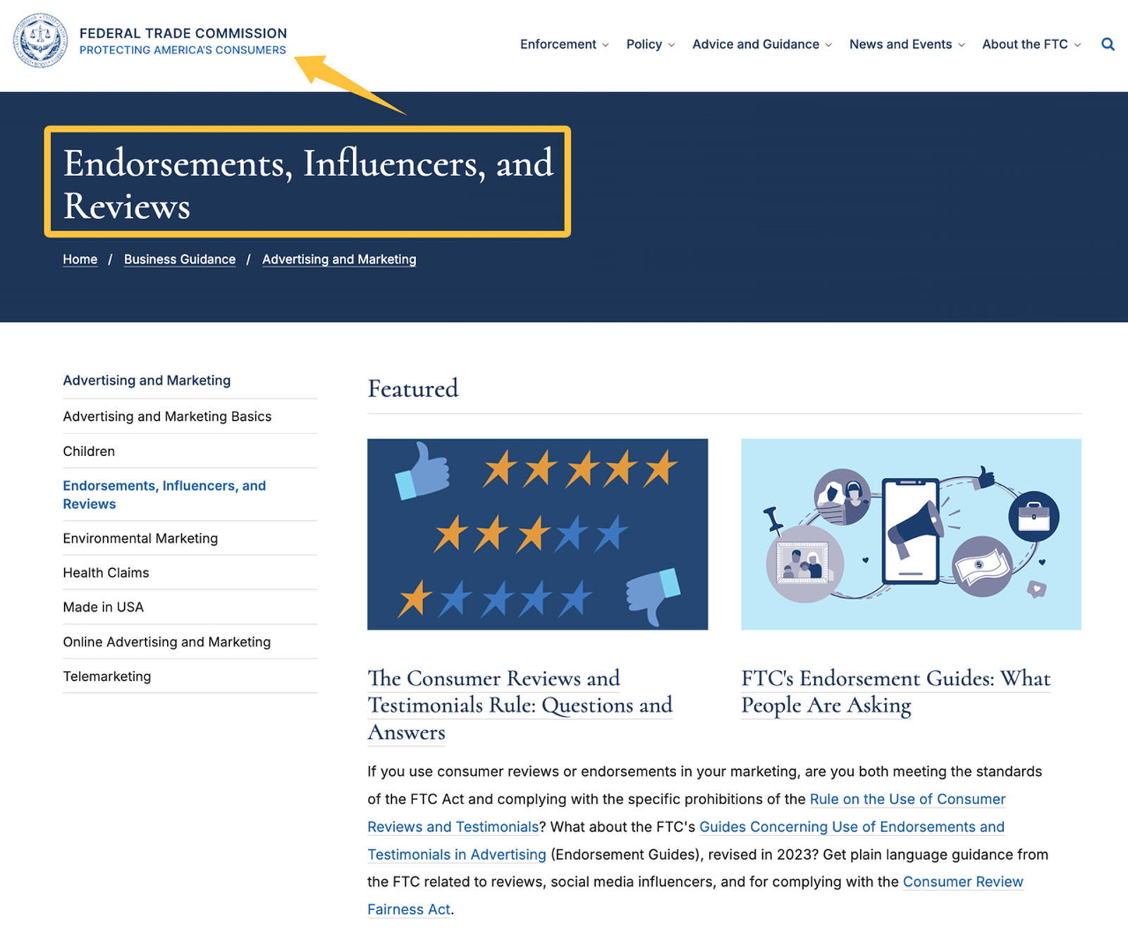 Webpage screenshot showing FTC guidelines on endorsements and customer reviews for compliant content creation services.