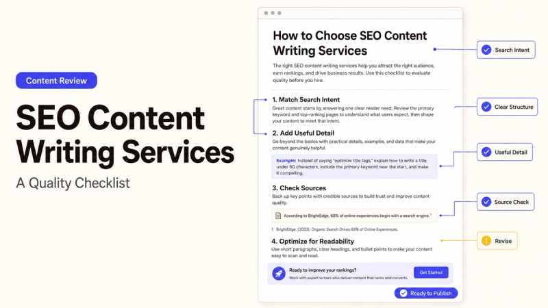 Checklist outlining how to choose and evaluate quality seo content writing services, focusing on user search intent.
