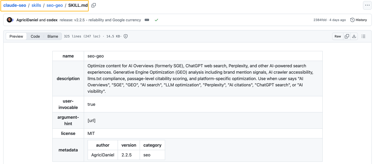 GitHub repository showing the Claude SEO GEO skill configuration, detailing optimization for AI search and LLM visibility.
