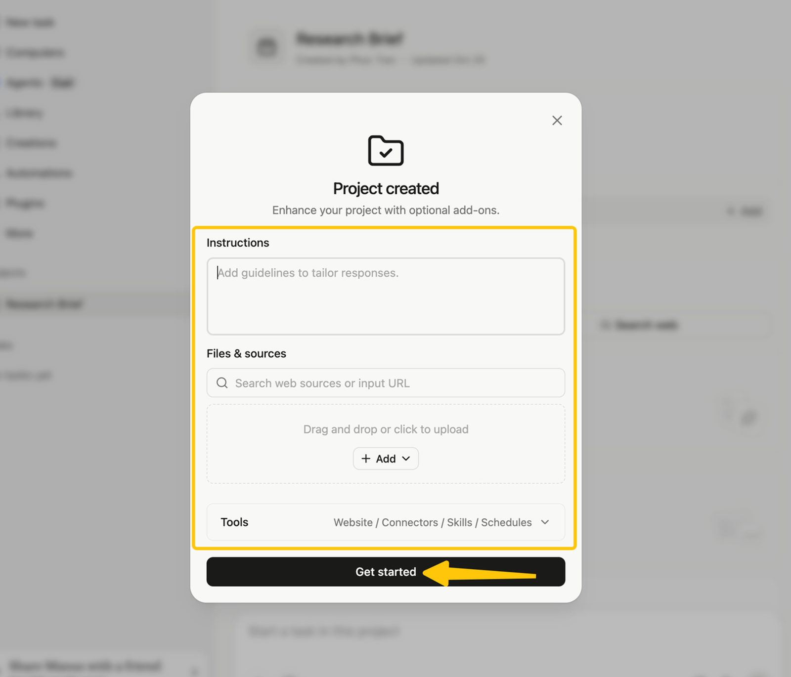 Our manus review highlights the project creation setup, showing how to add custom instructions, files, and tools easily.