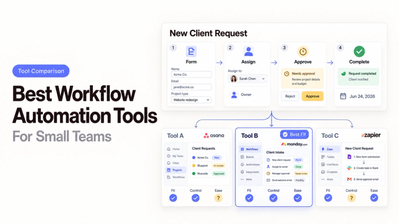infographic comparing best workflow automation tools: Asana, Monday.com, and Zapier for small teams.