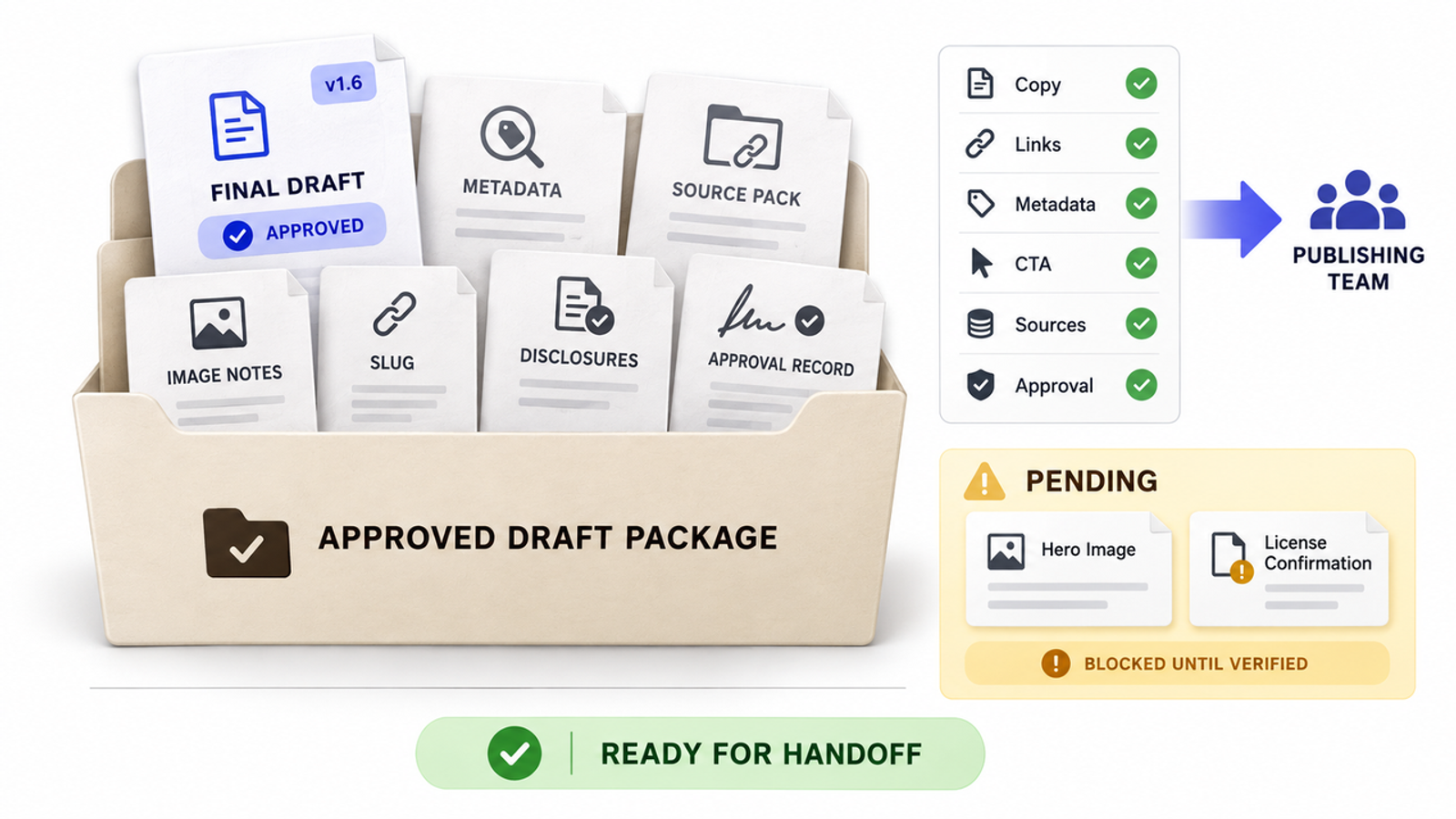 The approved draft package in a content creation workflow, gathering metadata, sources, and final text for publishing.