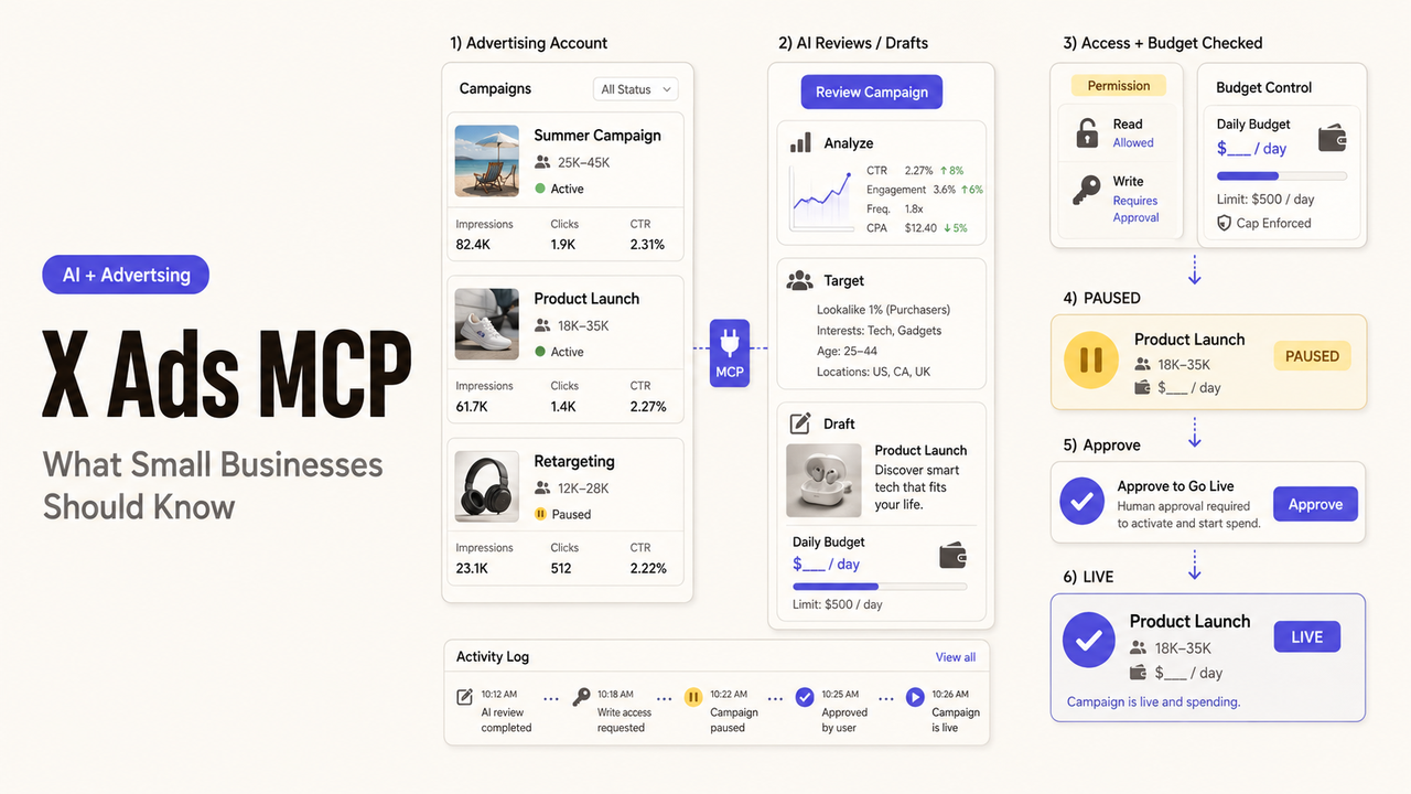 An infographic illustrating the 6-step AI advertising workflow for X Ads MCP, tailored for small business owners.