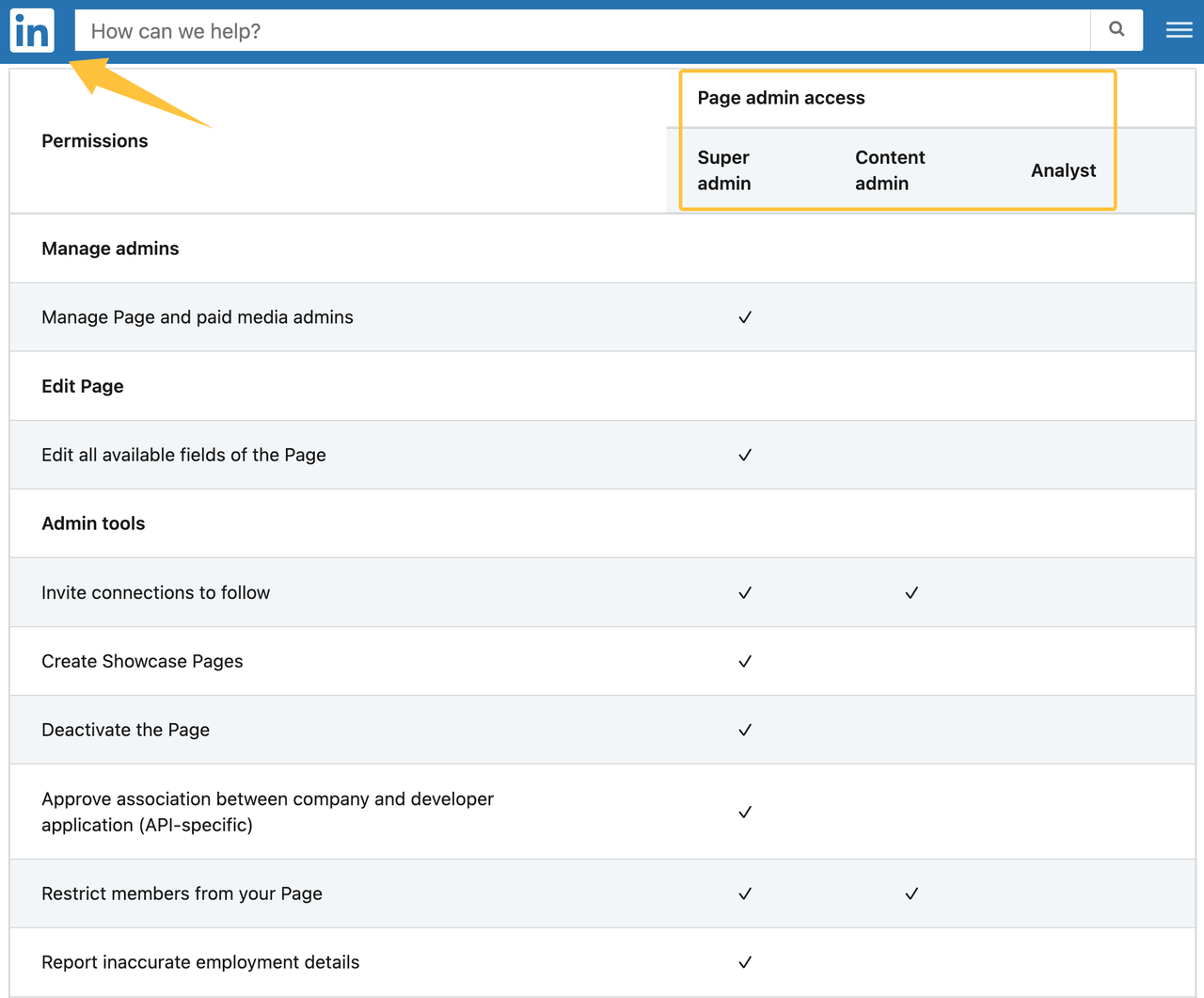 LinkedIn Page permissions dashboard, a key setup by a social media marketing agency for small business clients.