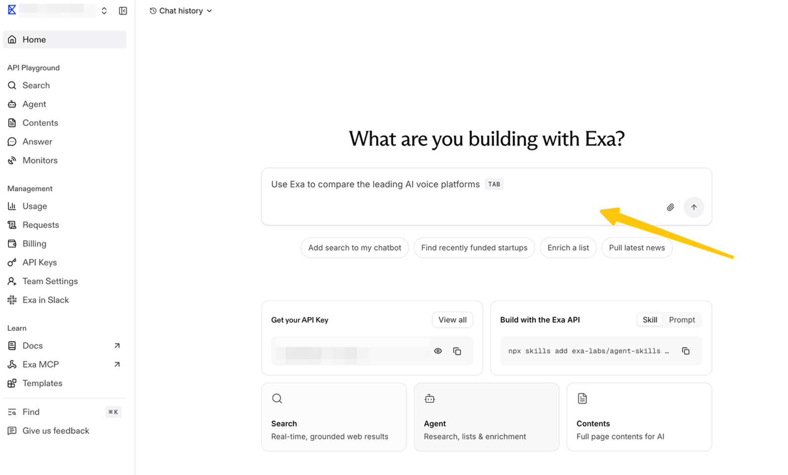 Exa dashboard interface demonstrating exa 3 company research capabilities with a search prompt for AI platforms.
