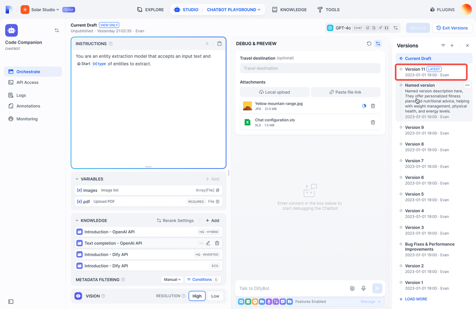 Manage chatbot instructions, variables, and version history seamlessly within the dashboard of the best ai workflow builders for developer teams.