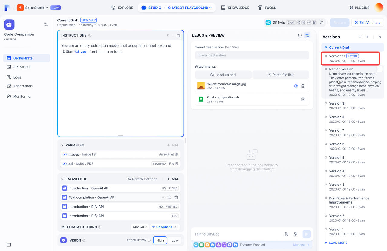 Manage chatbot instructions, variables, and version history seamlessly within the dashboard of the best ai workflow builders for developer teams.