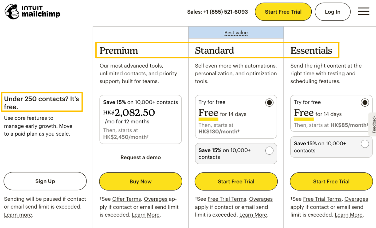 Pricing plans and subscription tiers for Mailchimp marketing automation software platform.