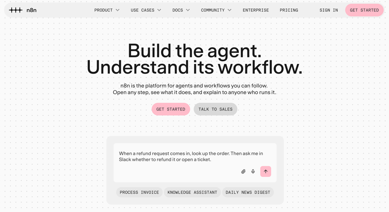 Homepage of n8n, an advanced workflow automation platform and open-source option among popular make alternatives.